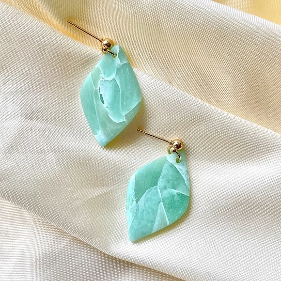 Handmade Modern Clay Earrings | Green & Blue | 14K Gold Plated Stainless Steel - Picture 3 of 4